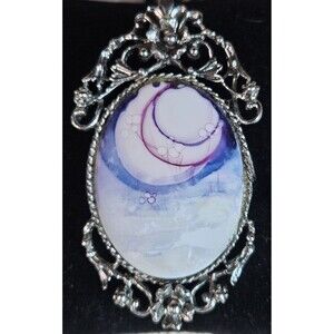 Beautiful Swirl Pattern Stone Set in Intricate Pewter Brooch Pin 2.75" (read)